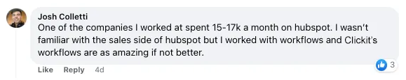 Social media comment from Josh Colletti comparing ClickIT CRM workflows with HubSpot
