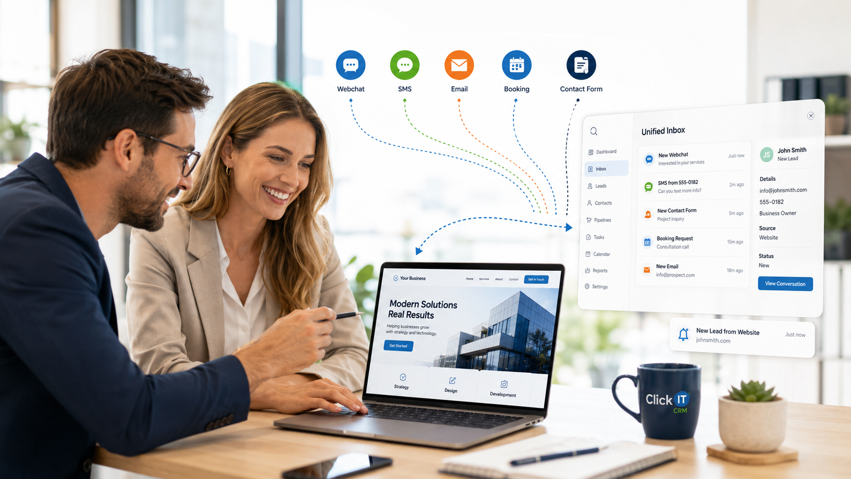 Click IT CRM unified inbox showing all customer communication channels — webchat, SMS, email, phone, booking, reviews, and lead capture — flowing into one all-in-one CRM platform